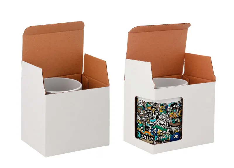 Dos tipos de cajas de regalo para tazas personalizadas: una caja con ventana para mostrar el diseño y otra caja cerrada para sorpresa