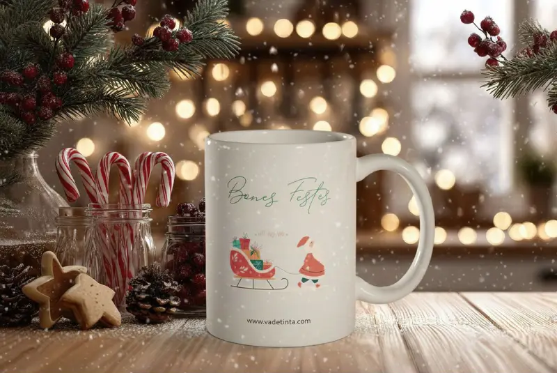 Taza personalizada con diseño de Navidad preparada para regalo en Vadetinta, con envío gratis en Sants y Les Corts